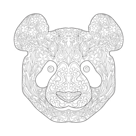 Ethnic Zentagle Ornate Hand Drawn Panda Head. Black and White Ink Doodle Vector Illustration. Sketch for Tattoo, Poster, Print or t-shirt. Relaxing Coloring Book for Adult and Children.のイラスト素材