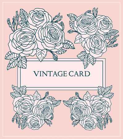 Vintage Card with Hand Drawn Roses. Vector Floral Template for Greeting Card, Invitation,Wedding, Poster.のイラスト素材