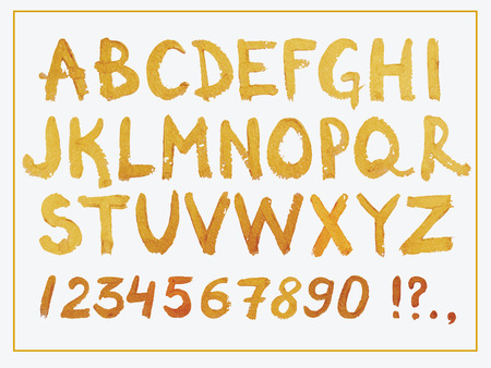 Golden Hand Drawn Font. Hand Written Metallic Modern Alphabet and Numbers. Vector Design Symbols.のイラスト素材