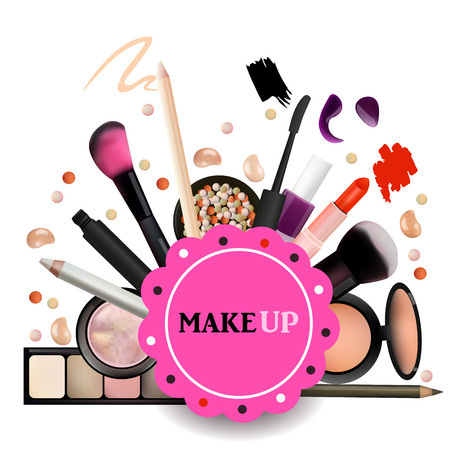 Make Up Artist Objects. lipstick, eye shadows, eyeliner, concealer, nail polish, brushes,pencils, palettes, powder. Vector Emblem. Realistic Vector Design.のイラスト素材