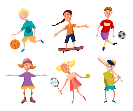 Collection of Cute Happy Children Playing Sports. Active Kids. Vector Illustrationのイラスト素材