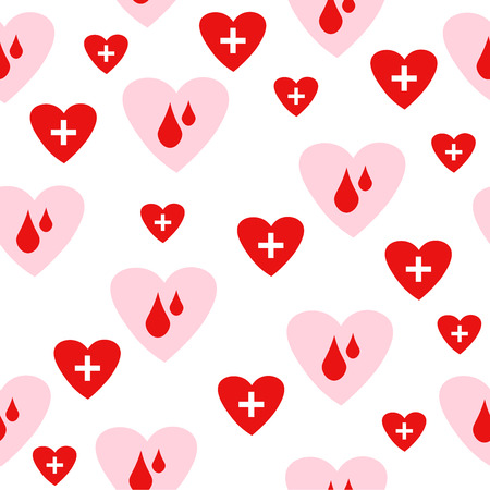 Seamless Pattern with Hearts with Blood Drops and Cross. Blood Donation Concept. Vector Background