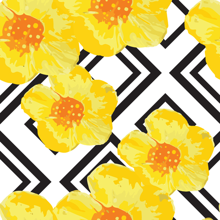 Bright Yellow Flowers Seamless Pattern with Geometric Ornament. Black Stripes. Vector Illustrationのイラスト素材