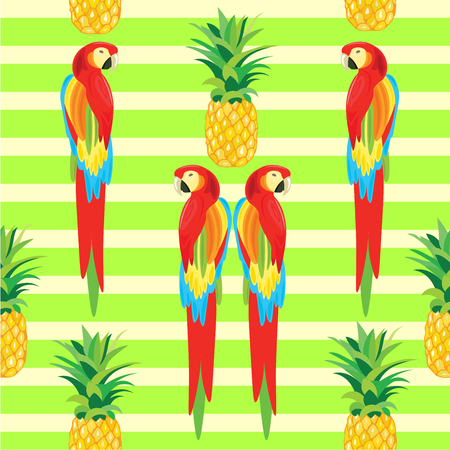 Parrot and Pineapple Seamless Pattern. Tropical Summer Illustration for wallpaper, background, wrapper or textileのイラスト素材