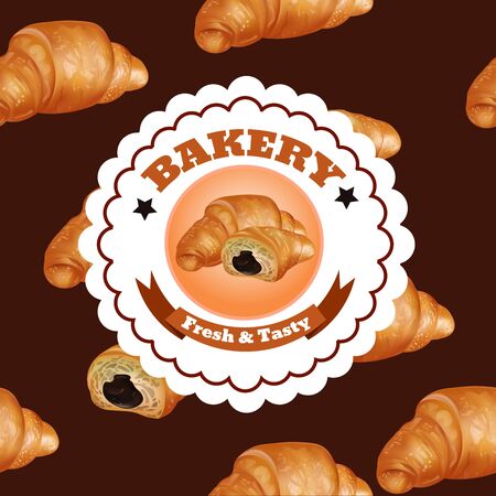 Bakery Shop Label Design. Fresh and Tasty Desserts. Croissant , Ribbons and Stars. Vector Illustration with Seamless Pattern.のイラスト素材