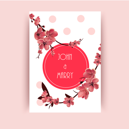 Sakura, Cherry Blossoming Tree Vector Background Illustration. Beautiful Floral Banner, Greeting card, Wedding Invitation, Backdros, Voucher, Poster .のイラスト素材