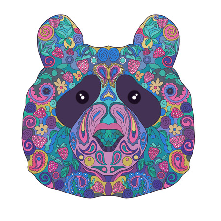 Ethnic Ornate HandDrawn Panda Bear Head. Painted Doodle Animal Head Vector Illustration. Sketch for Tattoo, Poster, Print or t-shirt. Relaxing Coloring Book for Adult and Children.のイラスト素材
