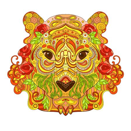 Ethnic Ornate HandDrawn Lion Head. Painted Ink Doodle Animal Head Vector Illustration. Sketch for Tattoo, Poster, Print or t-shirt. Relaxing Coloring Book for Adult and Children.のイラスト素材