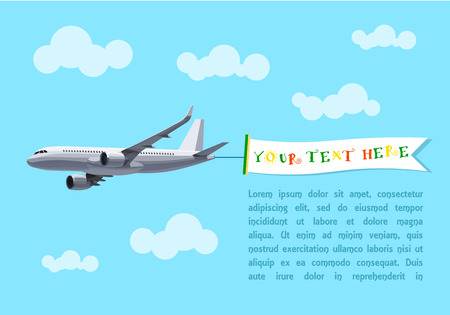 Flying Plane with Banner for Your Text, Advertising, Header. Flat Vector Design. Template Concept for a text web banners or Printable Cards, Postcardsのイラスト素材