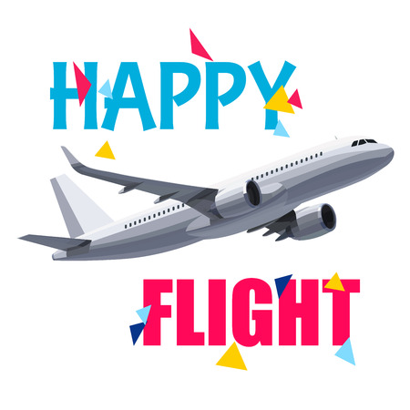 Flying Airplane with Happy Flight Header. Wishes For a Good Trip.Concept For Travel Company Banner, Poster,Voucher,Ticket,Magazine.のイラスト素材
