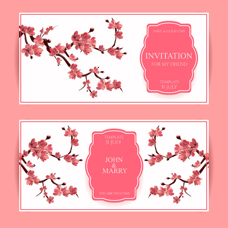 Sakura, Cherry Blossoming Tree Vector Card Illustration. Set of Beautiful Floral Banners, Greeting cards, Wedding Invitations, Backdrops, Backgrounds, Vouchers .のイラスト素材
