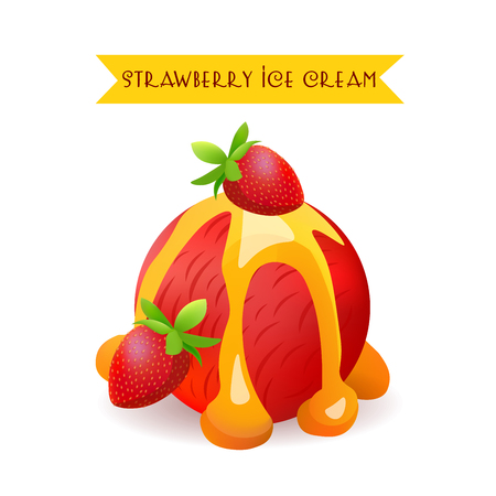 Strawberry Ice Cream Scoop. Berry Flavor with liquid Caramel. Vector Isolated Product.のイラスト素材