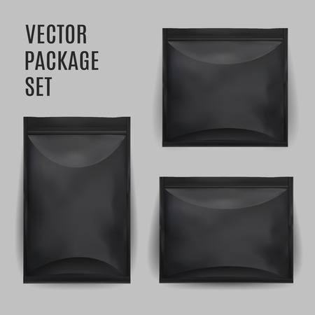 Black Blank Foil Food Snack Sachet Bag Packaging For Coffee, Salt, Sugar, Pepper, Spices, Sachet, Sweets, Chips, Cookies. Vector Mock Up Illustration Isolated.のイラスト素材