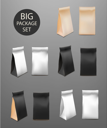 Paper Food Bag Package Big Set For Coffee, Tea, Snacks, Chips, Breakfast,Meal. Isolated Mock Up Template Ready For Your Design. Product Packing Vector. Food to Goのイラスト素材