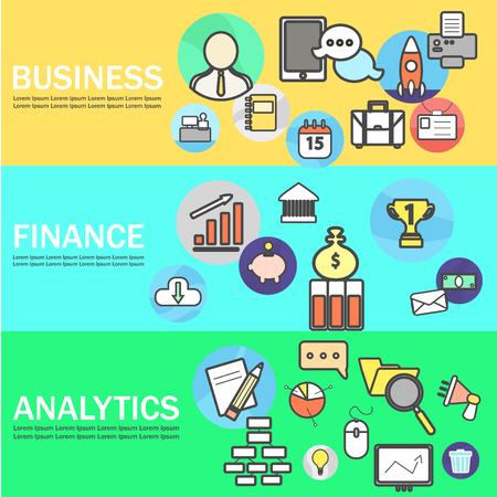 Business, Finance and Analytics Banners with Line Icons. Vector Illustrationのイラスト素材