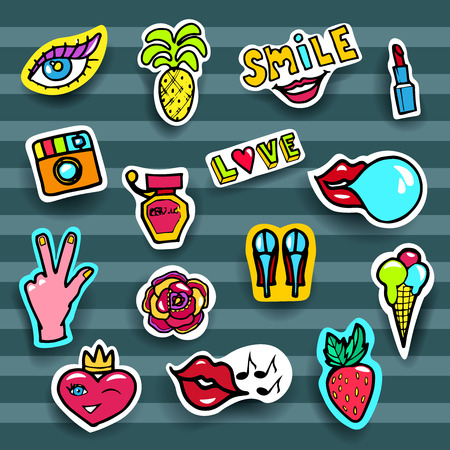 Fashion Patches Set. Modern Pop Art Stickers. Heart,Lips, Hands,Jeans, Eyes,Perfume,Lipstic. Vector Illustration.のイラスト素材