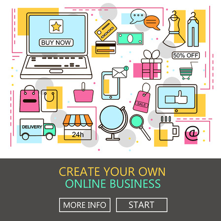 Online Business. E-Commerce and Online Shopping. Internet and mobile marketing concept. For web and mobile phone services and apps.Vector Line Illustration.のイラスト素材