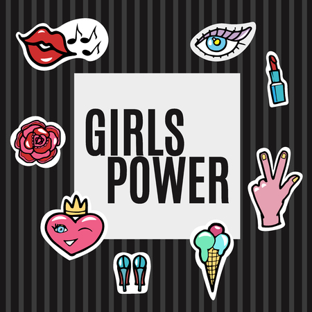 Fashion Patches Set.Girls Power.Modern Pop Art Stickers. Lips, Hand,Heart,Eye. Illustration.のイラスト素材