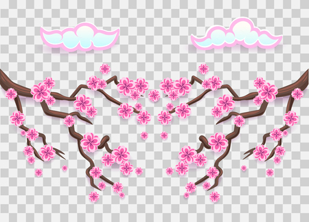 Branch of pink sakura. Japanese cherry tree blossom. Vector  Illustration  on transparent backgroundのイラスト素材