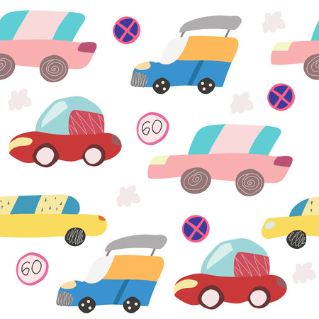 Seamless pattern with hand drawn car on the road. Scandinavian style for kids. Cartoon illustrationのイラスト素材