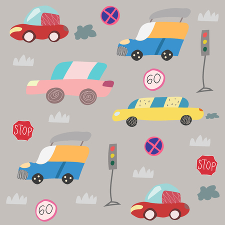Seamless pattern with hand drawn car on the road. Scandinavian style for kids. Cartoon illustrationのイラスト素材