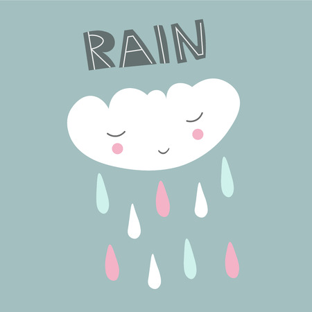 Cute scandinavian poster with cloud and rain. Kids drawing. Cartoon style. Vector illustrationのイラスト素材