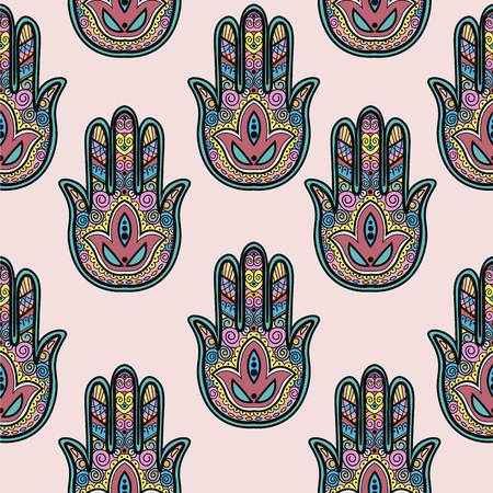 Seamless asian pattern with hand symbol. For traditional textile, t-shirts, fabric. Indian design. Vector ornamentのイラスト素材