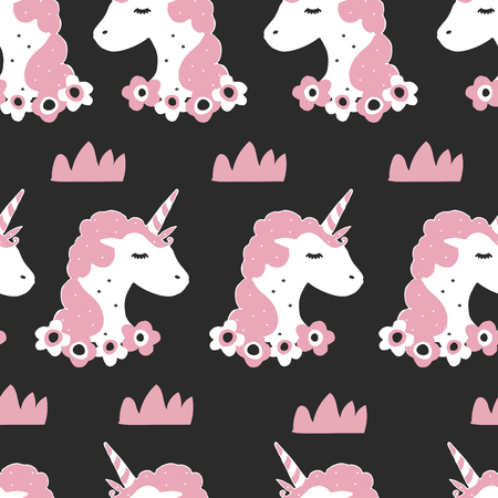 Seamless pattern with Unicorn from fairytale illustration in flat scandinavian style. Poster or t-shirt print. Vector designのイラスト素材