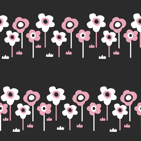 Seamless pattern with cute flowers and decorative elements in scandinavian style. Hand drawn design. For kids,nursery,wrapping or textile.Vector illustrationのイラスト素材