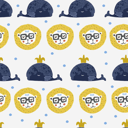 Cute seamless pattern with whales,lions,tigers . Animal pattern in scandinavian style. For children and kids. For textile,fabric, wrapping or poster. Vector hand drawn illustration.のイラスト素材