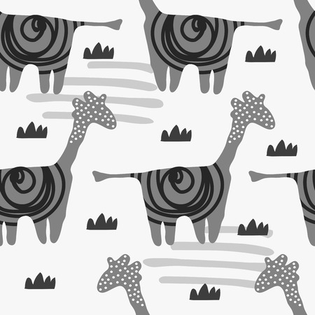 Cute seamless pattern with giraffe. Animal pattern in scandinavian style. For children and kids. For textile,fabric, wrapping or poster. Vector hand drawn illustration.のイラスト素材