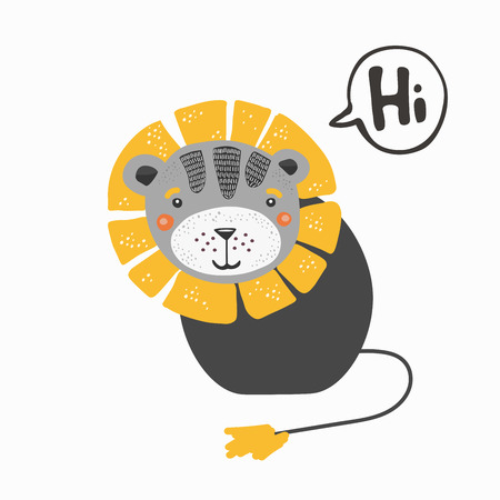 Cute cartoon lion illustration in scandinavian style.. Printable t-shirt design or poster for child room. Vector artworkのイラスト素材