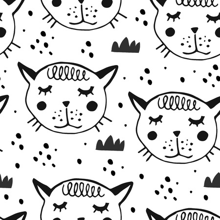 Hand drawn pattern with cute cat, kitten in scandinavian style. Textile,fabric or poster. Kid drawing design. Vector illustrationのイラスト素材