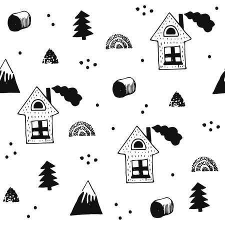 Pattern in scandinavian style with wild countryside landscape : mountains,houses and trees. Minimalistic simple black and white style. Vector seamless designのイラスト素材