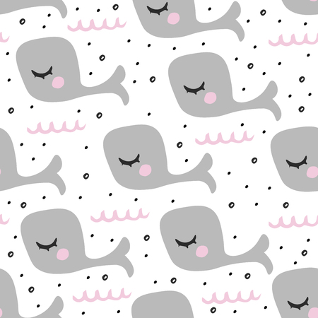 Cute whale fish pattern for kids, nursery. Hand drawn illustration for textile, posters, fabric or background.のイラスト素材