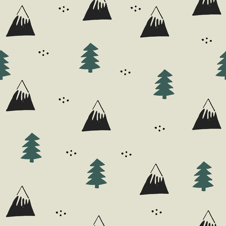 Kid pattern with wild landscape with forest and mountain. Hand drawn style illustration in scandinavian design. Vector illustration.のイラスト素材