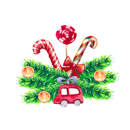 Watercolor new year and christmas festive decorative bouquet isolated. Hand painted illustrationの写真素材