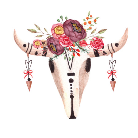 Watercolor boho skull of cow,buffalo,animal with flowers and arrows. Printable poster template for wallart. Hand painted illustration isolatedの写真素材