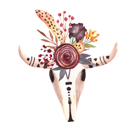 Cow Skull. Skull with flowers. Animal head in boho, tribal or ethnic style. Isolated on white backgroundの写真素材