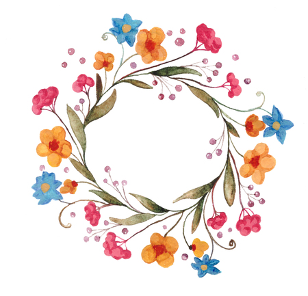 Watercolor wreath isolated on white background. Wildflowers illustration for wedding or birthday decor and card design. Hand painted botanical artの写真素材