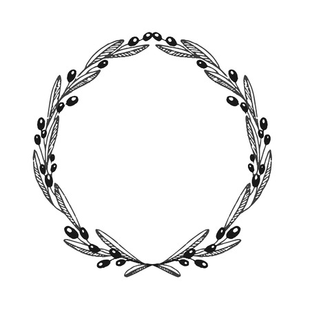 Black and white wreath. Floral hand drawn wreath. Foliage and botanical illustration. Isolated on white backgroundの写真素材