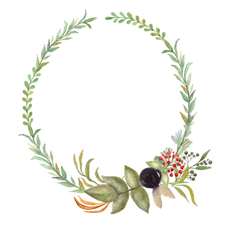Floral Frame, Watercolor Wedding Decor. Flower wreath, Template with leaves for invitations and cards.の写真素材