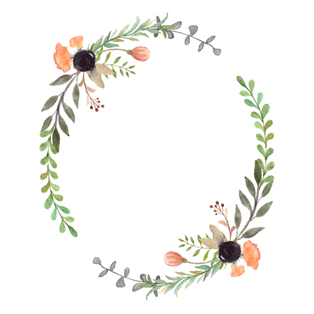 Wedding Frame, Watercolor Backdrop, Hand Painted Wraeth with foliage. Template for Invitation, greeting card. Green leaves, greeneryの写真素材