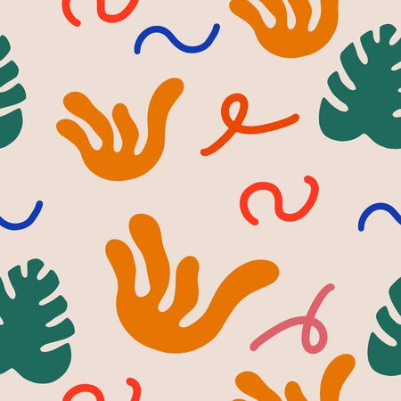 Abstract modern seamless pattern. Hand drawn conpemparary trendy background with shapes and lines. Digital paper vector design. Leaves and lines illustrationのイラスト素材
