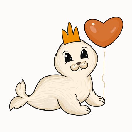 Cute baby seal with crown and heart balloon vector illustration. Hand painted cartoon animal digital art. Animal print for kidsのイラスト素材