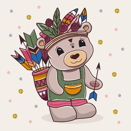 Cute cartoon bear with arows and feather. Hand drawn digital art illustration of animal. Baby bear vector illustration. Nursery artwork.のイラスト素材