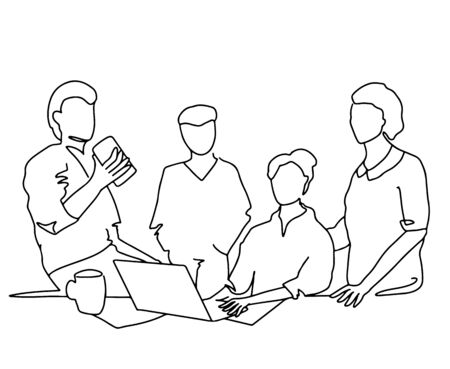 Group of workers discussing at office. Character concept with computer ond coffee. Men and women at work doing brainstorm. Teamwork concept. Line art vector illustrationのイラスト素材