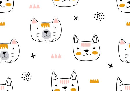 Animal seamless pattern with cat and different shapes. Abstract baby background illustration. Vector digital paper for kids and childrenのイラスト素材