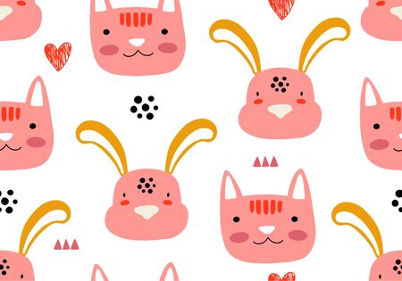 Animal seamless pattern with cat and different shapes. Abstract baby background illustration. Vector digital paper for kids and childrenのイラスト素材