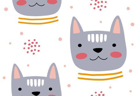 Animal seamless pattern with cat and different shapes. Abstract baby background illustration. Vector digital paper for kids and childrenのイラスト素材